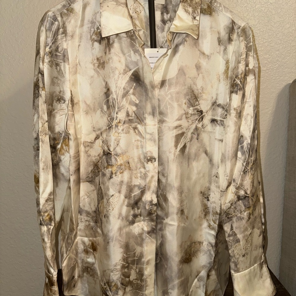 Lafayette 148 New York Abstract Button Down Shirt - Cream and Gray